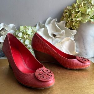 Tory Burch Sally Wedge in Red Croc Embossed Leather